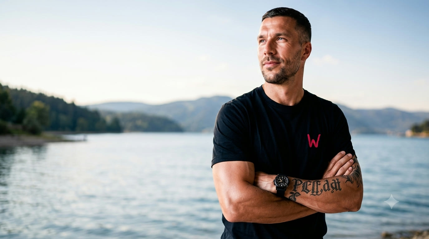 Lukas Podolski, Co-Founder von WAZZA, am See